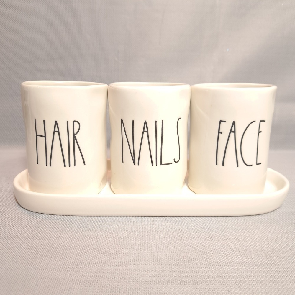 Rae Dunn "HAIR" "NAILS" "FACE" Vanity Organizer Caddy Set 3 Jars With Tray